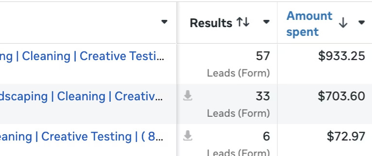 Irrigo Landscaping Facebook Ads Manager results showing campaign stats