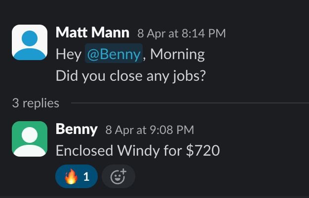 Benny $720 window job closed chat alert